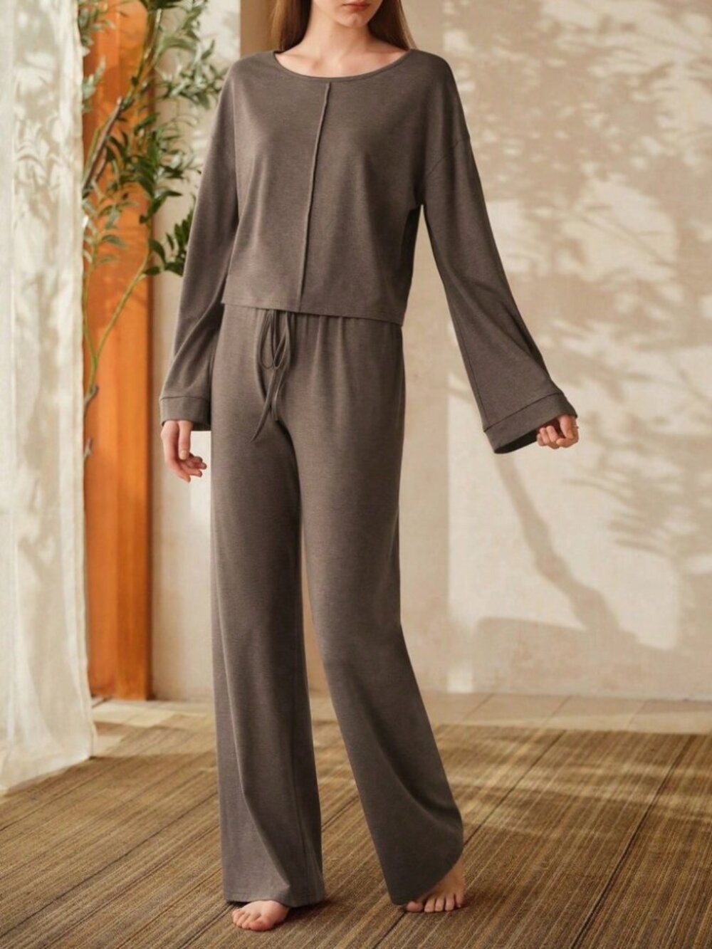 Heather Brown Drop Shoulder Long Sleeve Top & Wide Leg Pants Lounge Pajama Set
